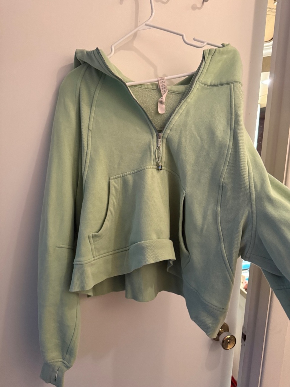 Cropped Half-Zip Hoodie Sweater in Sage Green